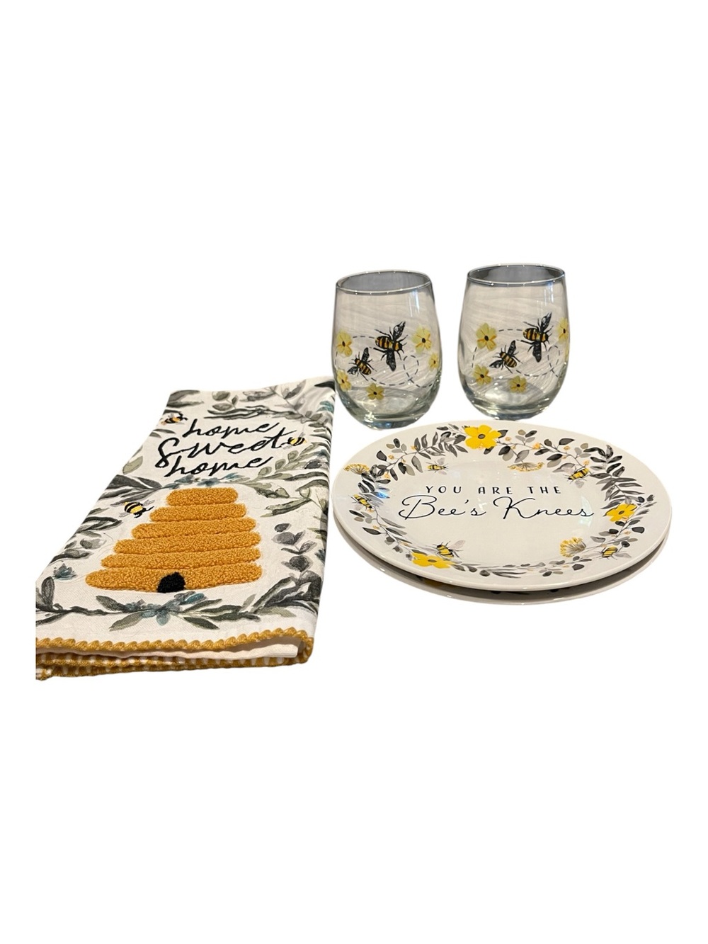 Spring Bee Kitchen Set 2 Plates 2 Glasses 1 Towel Cottagecore "Bee's Knees"